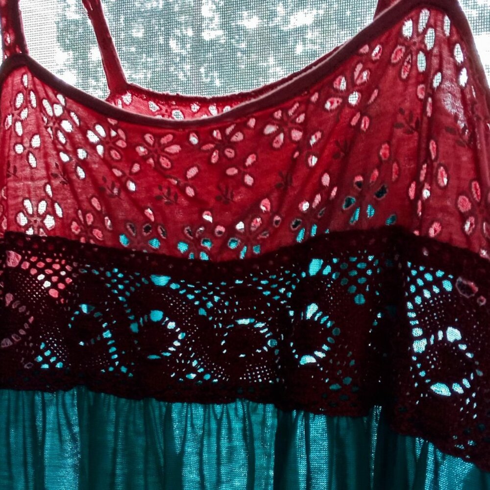 RARE Vintage Sparkle & Fade Turquoise/Pink Eyelet Crochet Women's Summer Top - Picture 11 of 12
